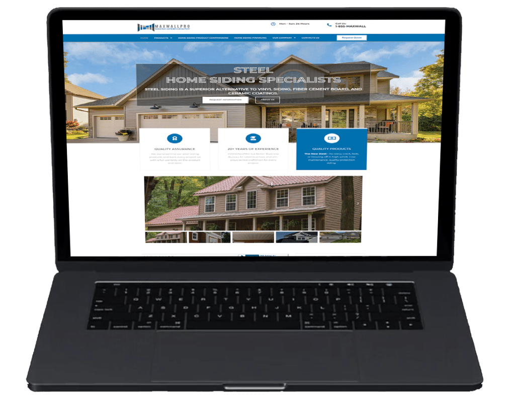 Laptop displaying a home siding contractor website